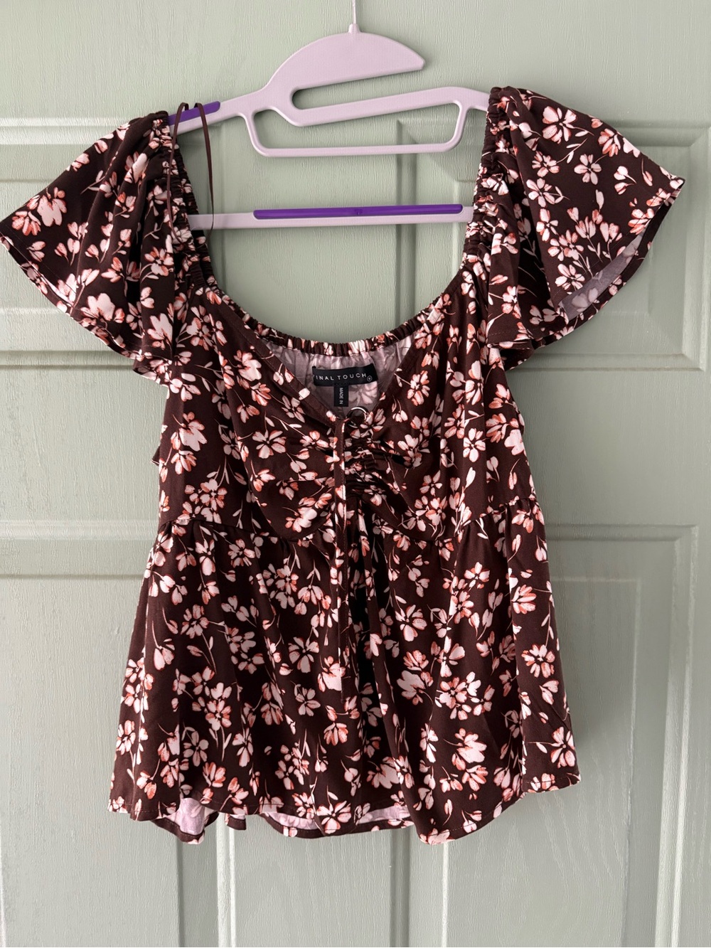 Brown Floral Ruffle-Sleeve Tie-Front Blouse